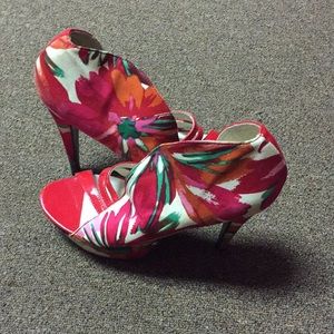 Red floral half sandal half heel heels